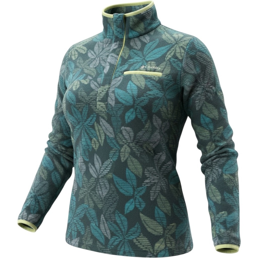 Columbia Womens Fleece Pullover Snap Mock Neck Leaf Print Teal Green Size M